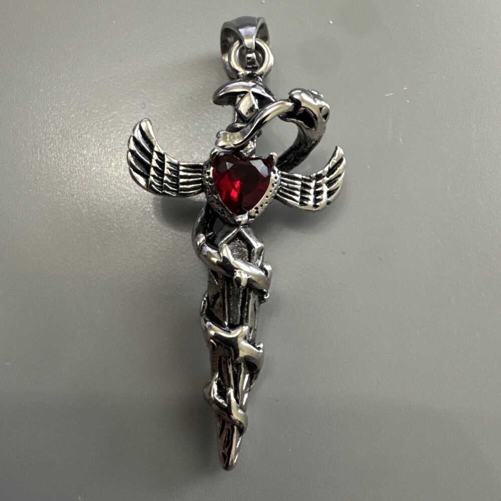 Dagger Wings Snake Red Cubic Zirconia 24” Chain Stainless Steel Viking Gothic